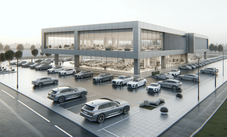 Rendering of a glass-fronted commercial building and parking area