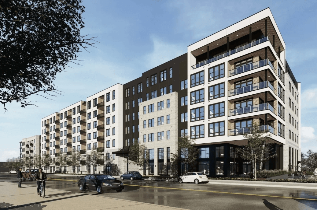 Rendering of a multistory multifamily building with balconies