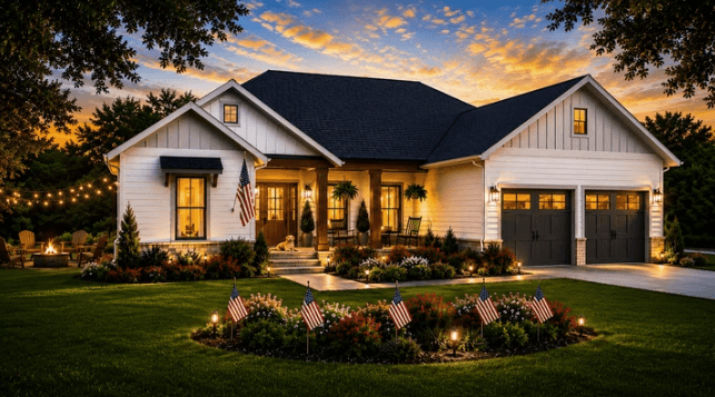 Rendering of a single-story home at dusk